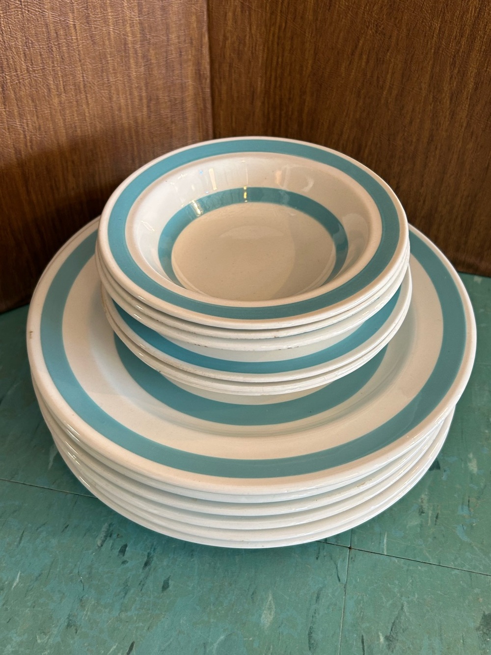 13pc Vintage Colleen kitchenware dishes set Ireland white aqua blue stripe mcm